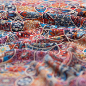gebroken wit cool viscose stof met oranje roze lila grafisch dessin Italiaans import