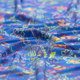 koren blauw cool viscose met geel groen oranje paisley dessin Italiaans import