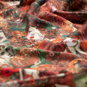 rood viscose satijn stof met groen bruin victoriaans dessin Italiaans import