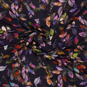 donkerblauw cool viscose met rood paars groen blad dessin Italiaans import