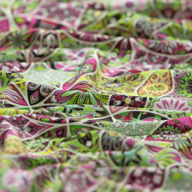 groen cool viscose stof met geel fuchsia grafisch dessin Italiaans import