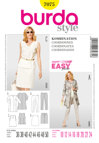 jurk, broek, topje en rokje (maat 36-50) Burda 7075