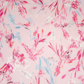 roze viscose stof met fuchsia blauw boeket dessin